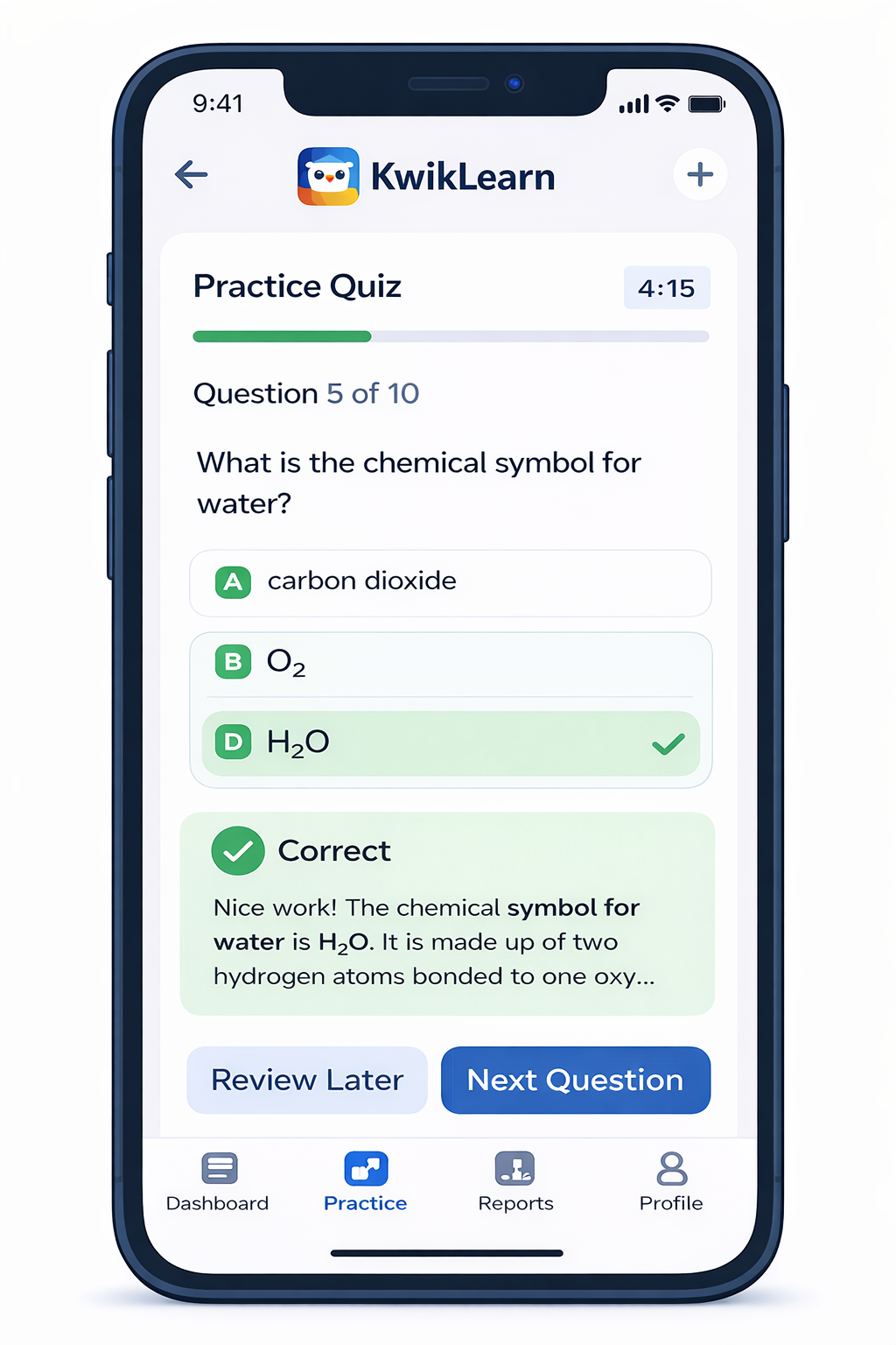 KwikLearn practice quiz screen