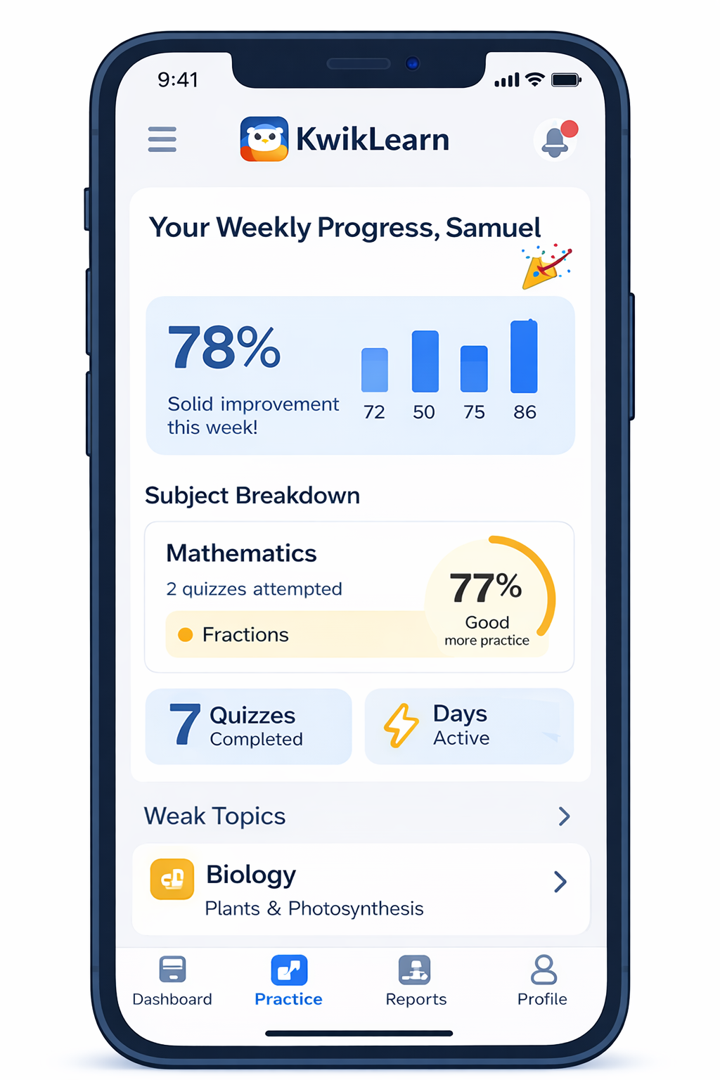 KwikLearn progress report screen