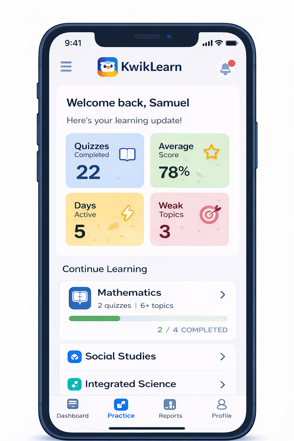 KwikLearn student dashboard screen